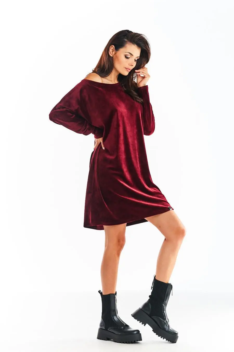 Luźna Sukienka Welurowa Bordo